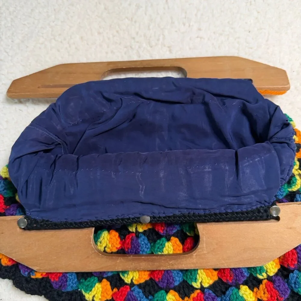RETRO FUNKY 60s/70s style Rainbow Knitted/Knitting Bag With Wooden Handles